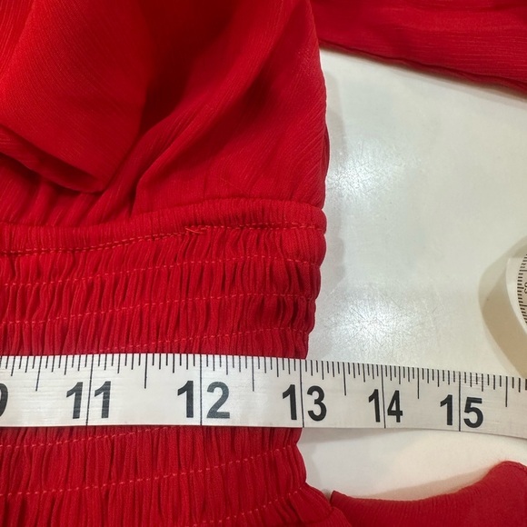 DOKOTOO MINI Red V Neck Front Long Tie Lantern Sleeve Ruffle Dress Size M - Picture 10 of 16